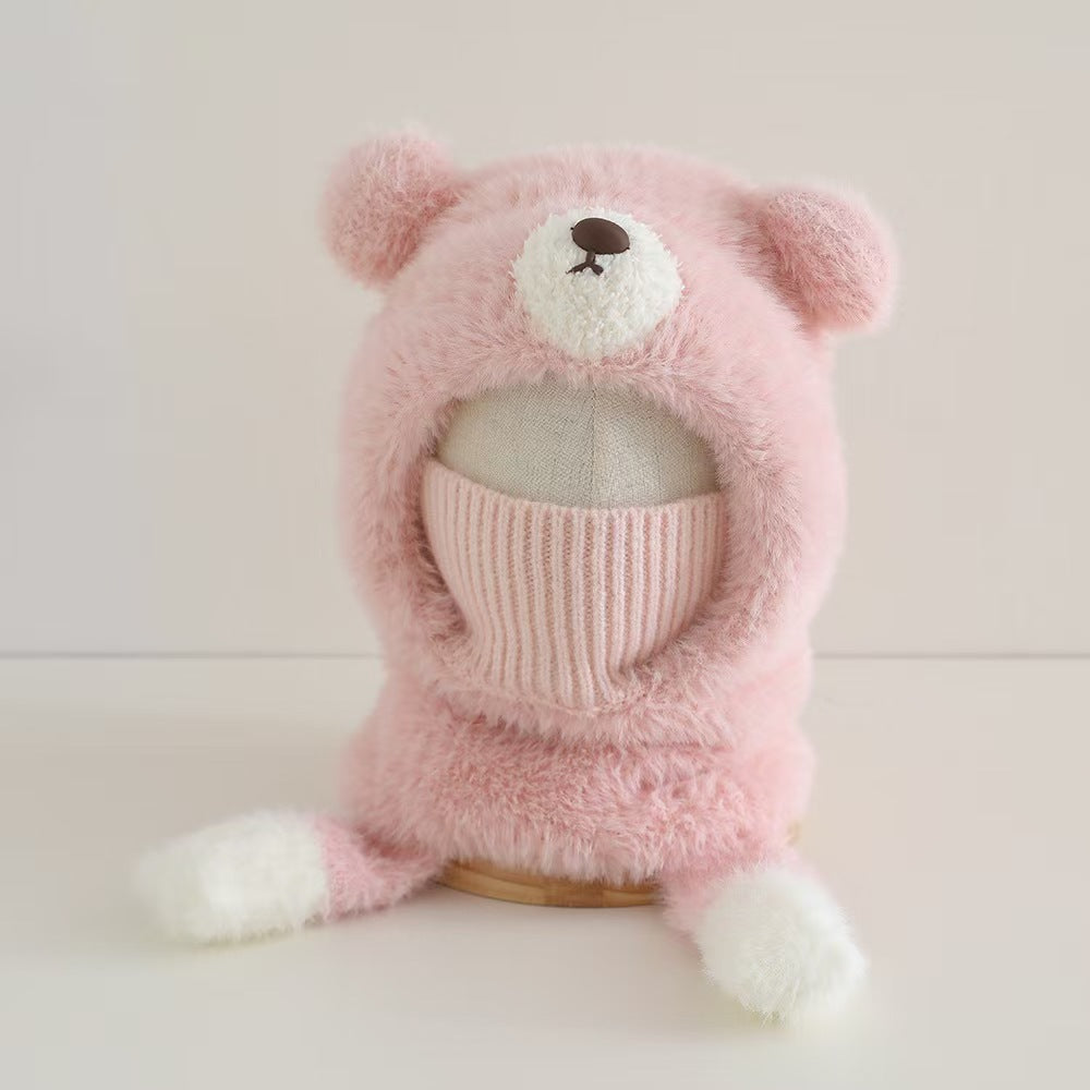 Kids Cartoon 3 in 1 Hat Scarf Gloves Set Winter Warm Fleece Stch Faux Fur Hoodie Full Hood Thick Thermal Scarves Gifts for Boys and Girls Kids (Pink)