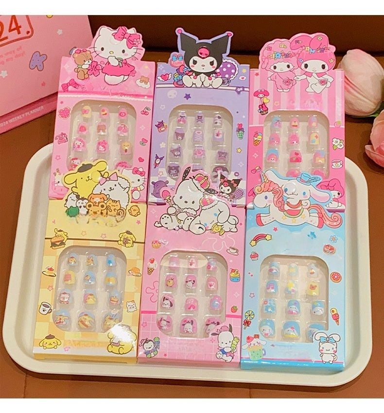 24Pcs 2 Pack Children Acrylic Fake Nails Press on Pre-glue Full Cover Glitter Color Rainbow Unicorn Mermaid Kids Stick On False Nail Art Kits Set Girls Birthday Gift（Kuromi）