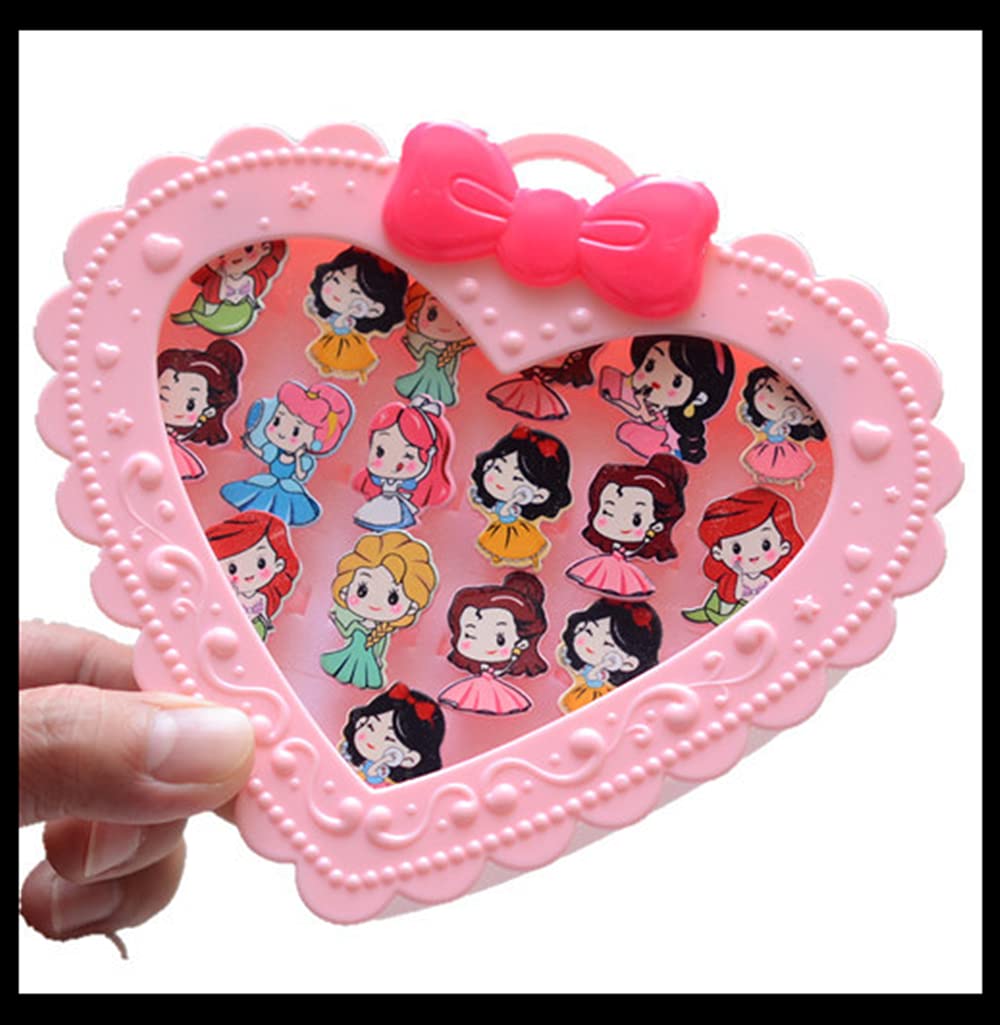 20Pcs Adjustable Princess Jewelry Girl Kids Cartoon Plastic Rings Gift Set with Heart Shape Box (20pcs)