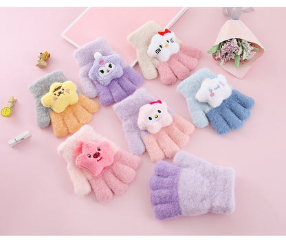 Full Finger Gloves Dinosaur Cat Capybara Winter Knit Warm Mittens Soft Lined Fleece Thermal Outdoor Stretchy Gloves for Kids boys girls (3D Star)