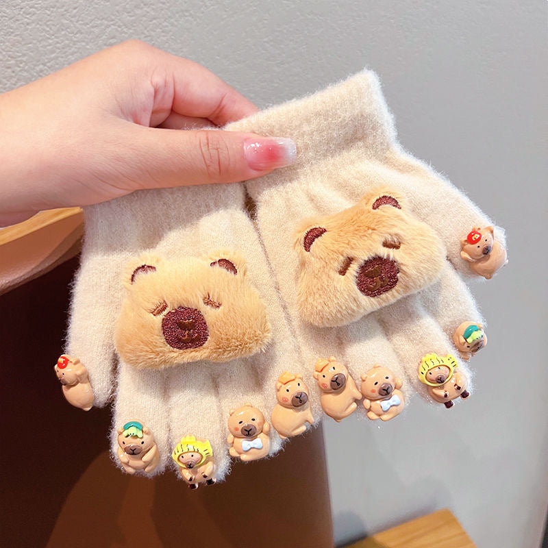 Full Finger Gloves Winter Knit Warm Mittens Soft Lined Fleece Thermal Outdoor Stretchy Gloves for Kids boys girls (Capybara with a doll)