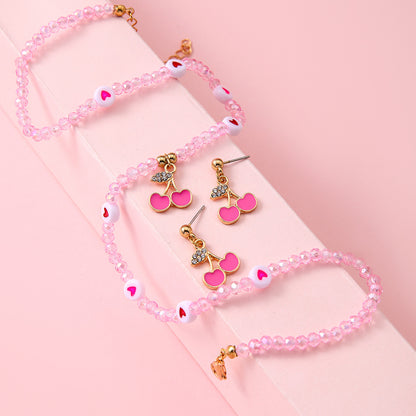 Jewellery Set for Girls Teenagers, Pink Cherry heart Necklace, and Stud Earrings - Kawaii Gifts for Girls Jewelry Favors Set Party Favors, Birthday Gift (Pink)