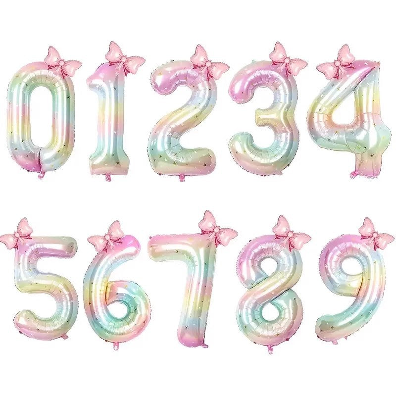 40'' Pink Number with Bow Balloon, Self Inflating Foil Light Pink Set 0-9, Pastel Pink Helium Balloon for Girls Birthday Party Decorations Anniversary Supplies (Rainbow, Number 9)