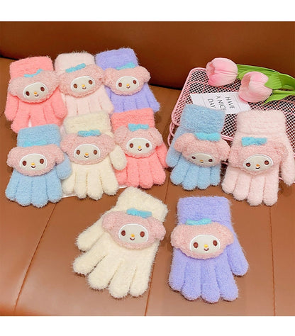 Full Finger Gloves Dinosaur Cat Capybara Winter Knit Warm Mittens Soft Lined Fleece Thermal Outdoor Stretchy Gloves for Kids boys girls (3D Kuromi)