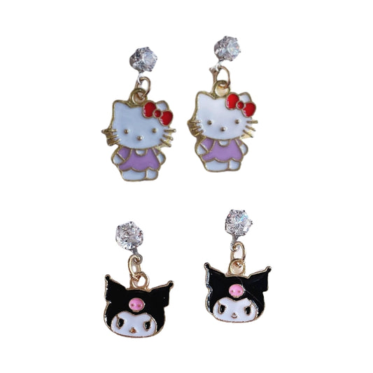 2/6 Pairs Princess Kitty Earrings for Women Girls Stainless Steel Multicolored Heart Rainbow Unicorn Stud Earrings Hypoallergenic Screwback Stud Earring (Kuromi 2Pairs)