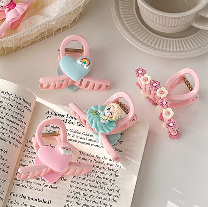 2/3 Pcs Hair Claw Clips for Women and Girls 2/3 Flower Heart Princess Trendy Coloured Claw Clip kids Kitty pink Claw Clips for all