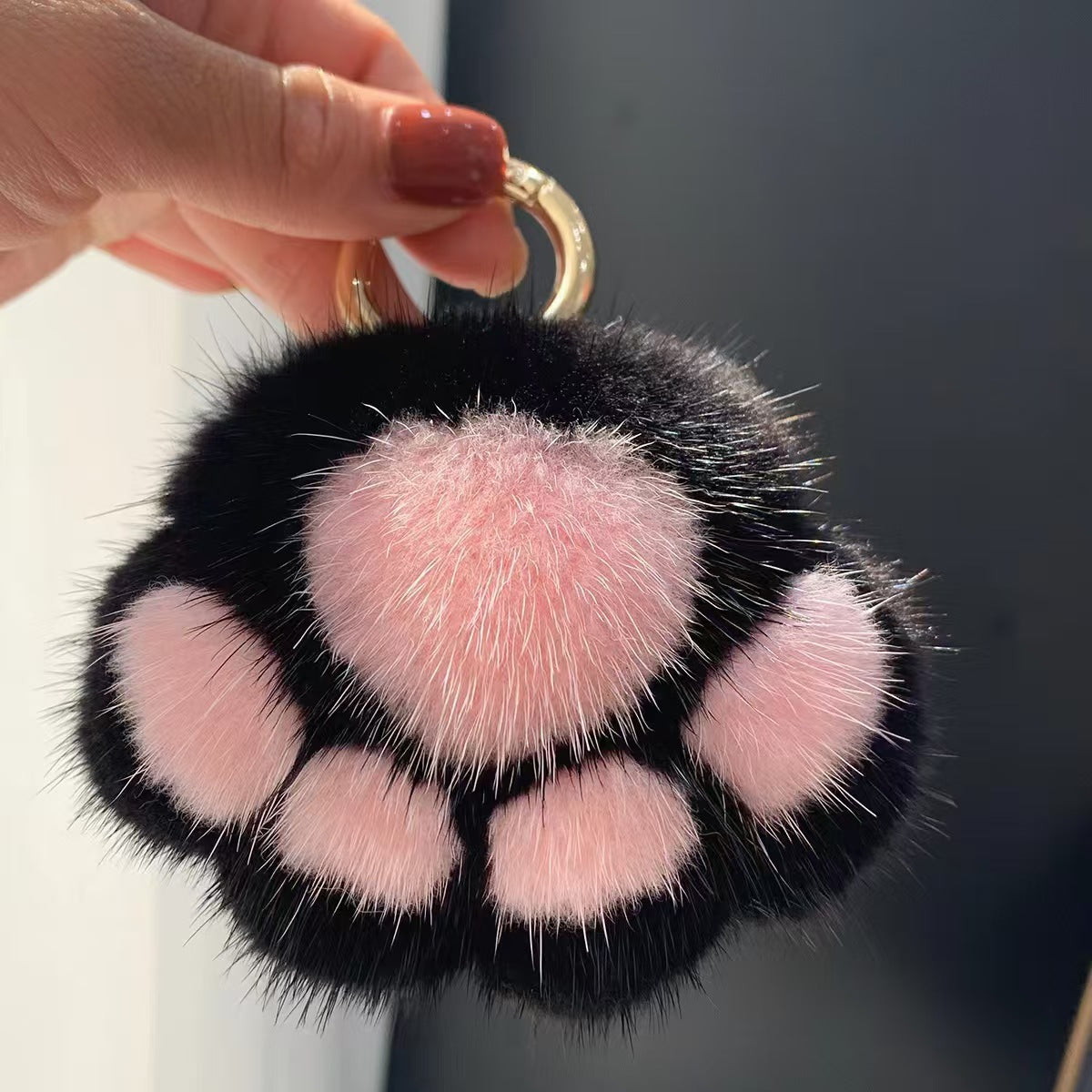 Cute Avocado cat paws panda Plush Keychain, Fluffy faux fur Decorative Key Ring Accessory for Women's Bags, Backpack and Purses (Pink)