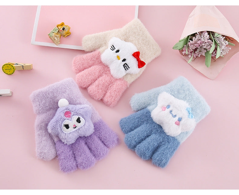Full Finger Gloves Dinosaur Cat Capybara Winter Knit Warm Mittens Soft Lined Fleece Thermal Outdoor Stretchy Gloves for Kids boys girls (3D Star)