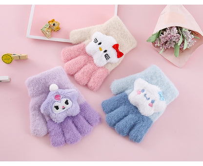Full Finger Gloves Dinosaur Cat Capybara Winter Knit Warm Mittens Soft Lined Fleece Thermal Outdoor Stretchy Gloves for Kids boys girls (3D Star)