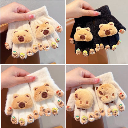 Full Finger Gloves Winter Knit Warm Mittens Soft Lined Fleece Thermal Outdoor Stretchy Gloves for Kids boys girls (Capybara with a doll)