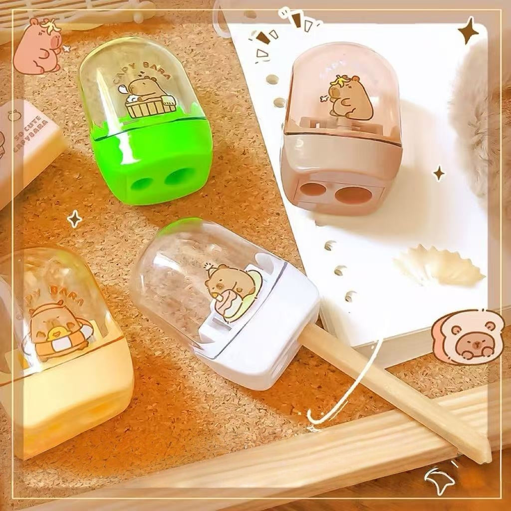 4PCS Pencil Sharpeners, Twin Hole Pencil Sharpener with Container Handheld Capybara Small Manual Pencils Sharpener with Lid Manual for Office School Supplies (Capybara)