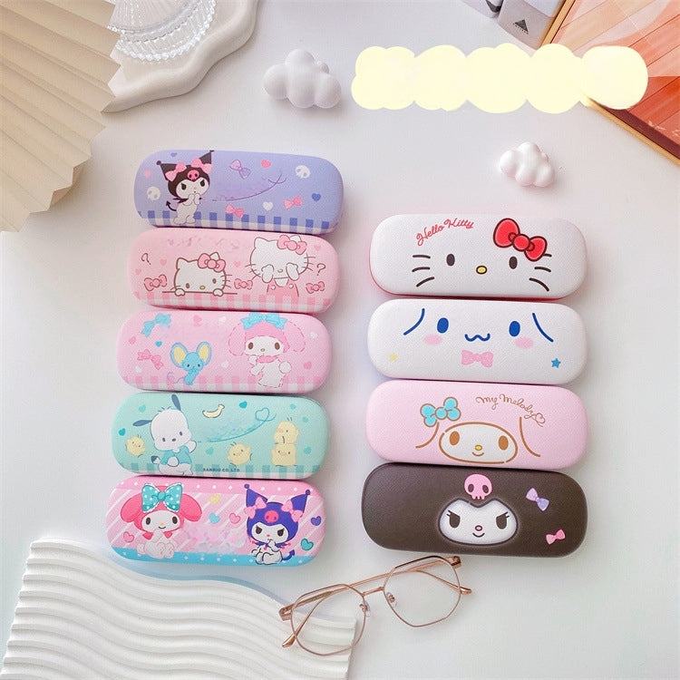 Lovely cat Cartoon Hard Shell Eyeglasses Cases Girl Protective Case Storage Box With Glasses Cloth for Teen PU leather eyegalss case (Kuromi)