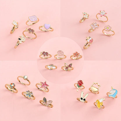 5pcs Adjustable Girls Rings Set Toys, Unicorn Finger Rings Princess Mermaid Rainbow Dress up for Children Kids Little Girls
