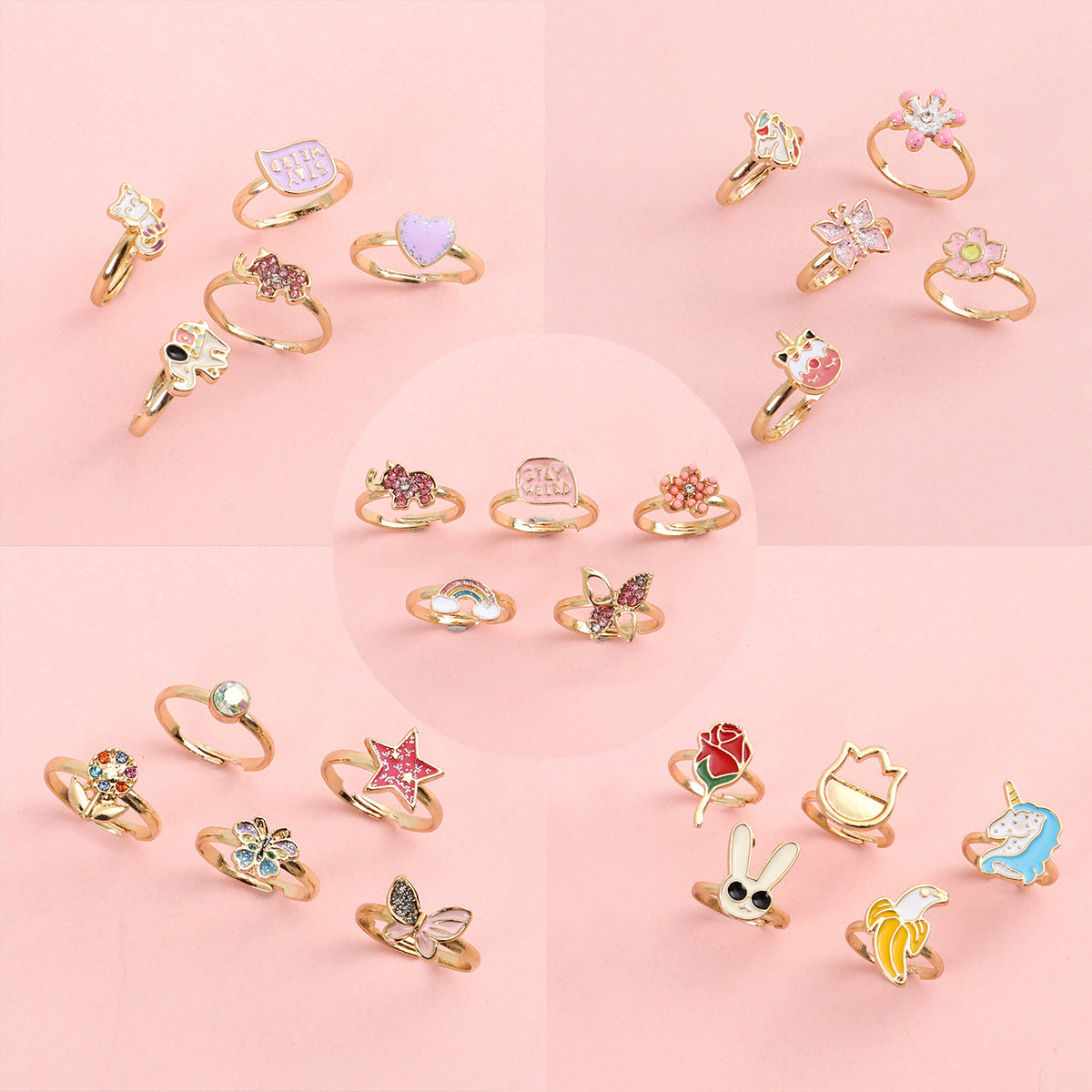 5pcs Adjustable Girls Rings Set Toys, Unicorn Finger Rings Princess Mermaid Rainbow Dress up for Children Kids Little Girls (Flower)