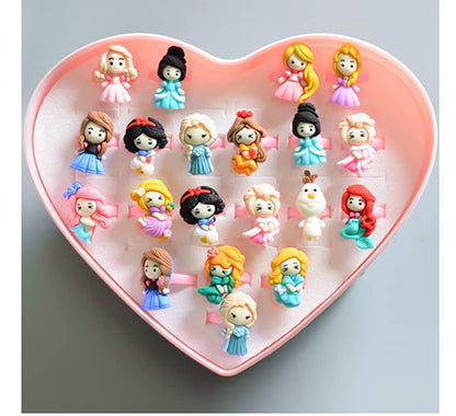 20Pcs Adjustable Princess Jewelry Girl Kids Cartoon Plastic Rings Gift Set with Heart Shape Box (20pcs)