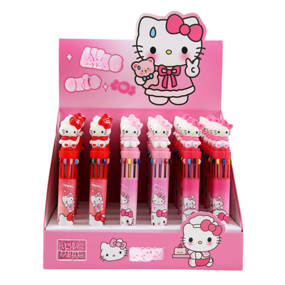 Multicolor teddy bear Pens 0.5mm 10-in-1 Retractable Ballpoint Pens 10 Colors Transparent Barrel Ballpoint Pen for Office Supplies and kids school(Hello kitty)