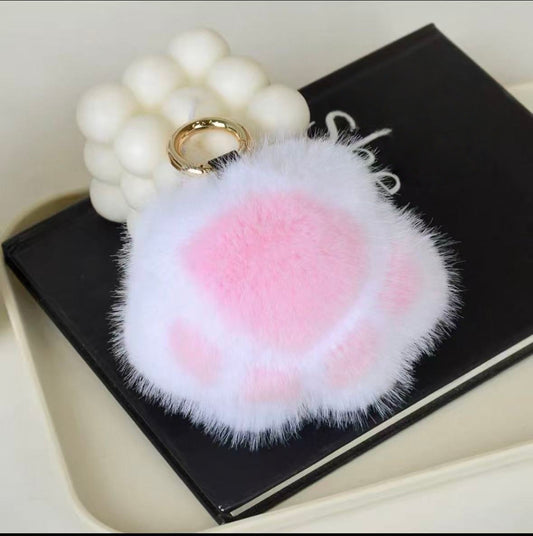 Cute Avocado cat paws panda Plush Keychain, Fluffy faux fur Decorative Key Ring Accessory for Women's Bags, Backpack and Purses (White)