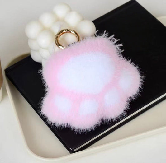 Cute Avocado cat paws panda Plush Keychain, Fluffy faux fur Decorative Key Ring Accessory for Women's Bags, Backpack and Purses (Pink)