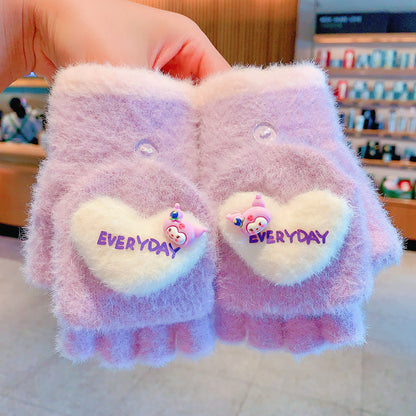 Fingerless Flap Cover Gloves Winter Knit Warm Mittens Soft Lined Fleece Thermal Outdoor Half Finger with Cover Convertible Flip Top for Kids boys girls (Pink Cat))