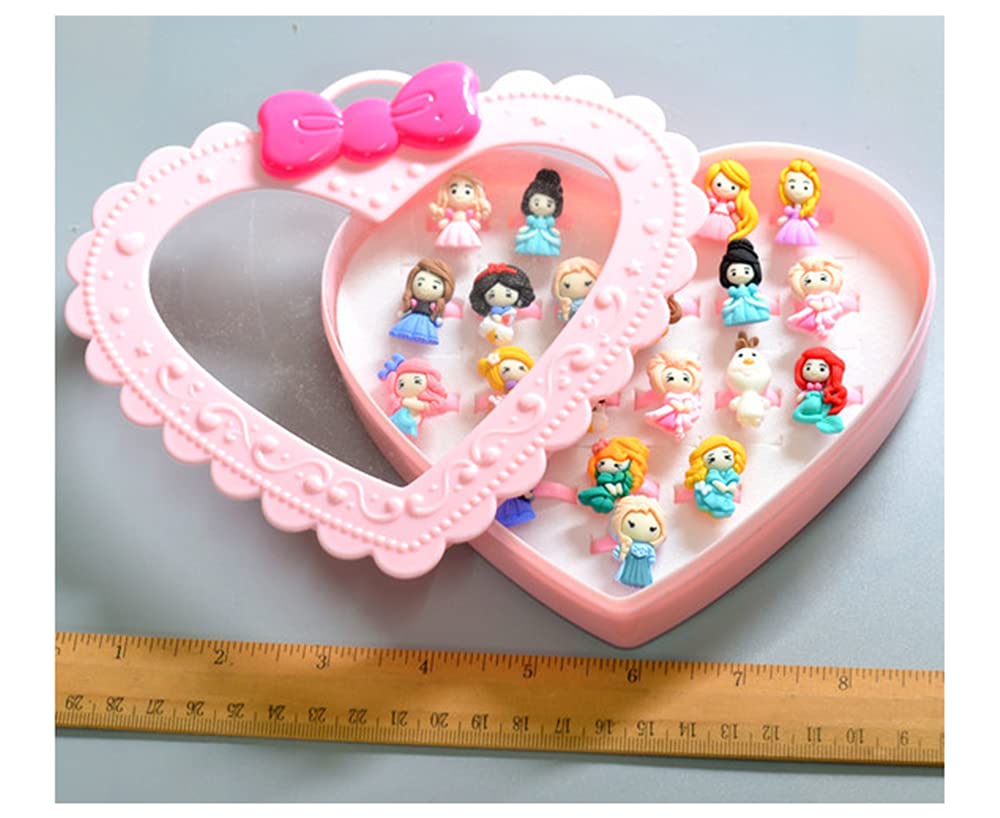 20Pcs Adjustable Princess pink Jewelry Girl Kids elsa Cartoon Plastic Rings Gift Set with Heart Shape Box