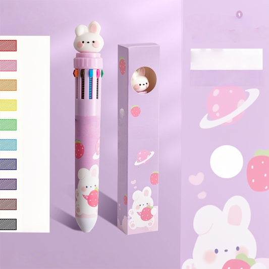 Multicolor teddy bear Pens 0.5mm 10-in-1 Retractable Ballpoint Pens 10 Colors Transparent Barrel Ballpoint Pen for Office Supplies and kids school (Rabbit)