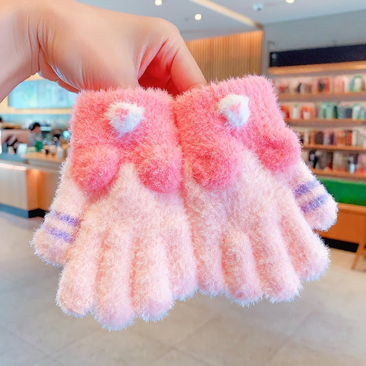 Full Finger Gloves Dinosaur Cat Capybara Winter Knit Warm Mittens Soft Lined Fleece Thermal Outdoor Stretchy Gloves for Kids boys girls (Bow)
