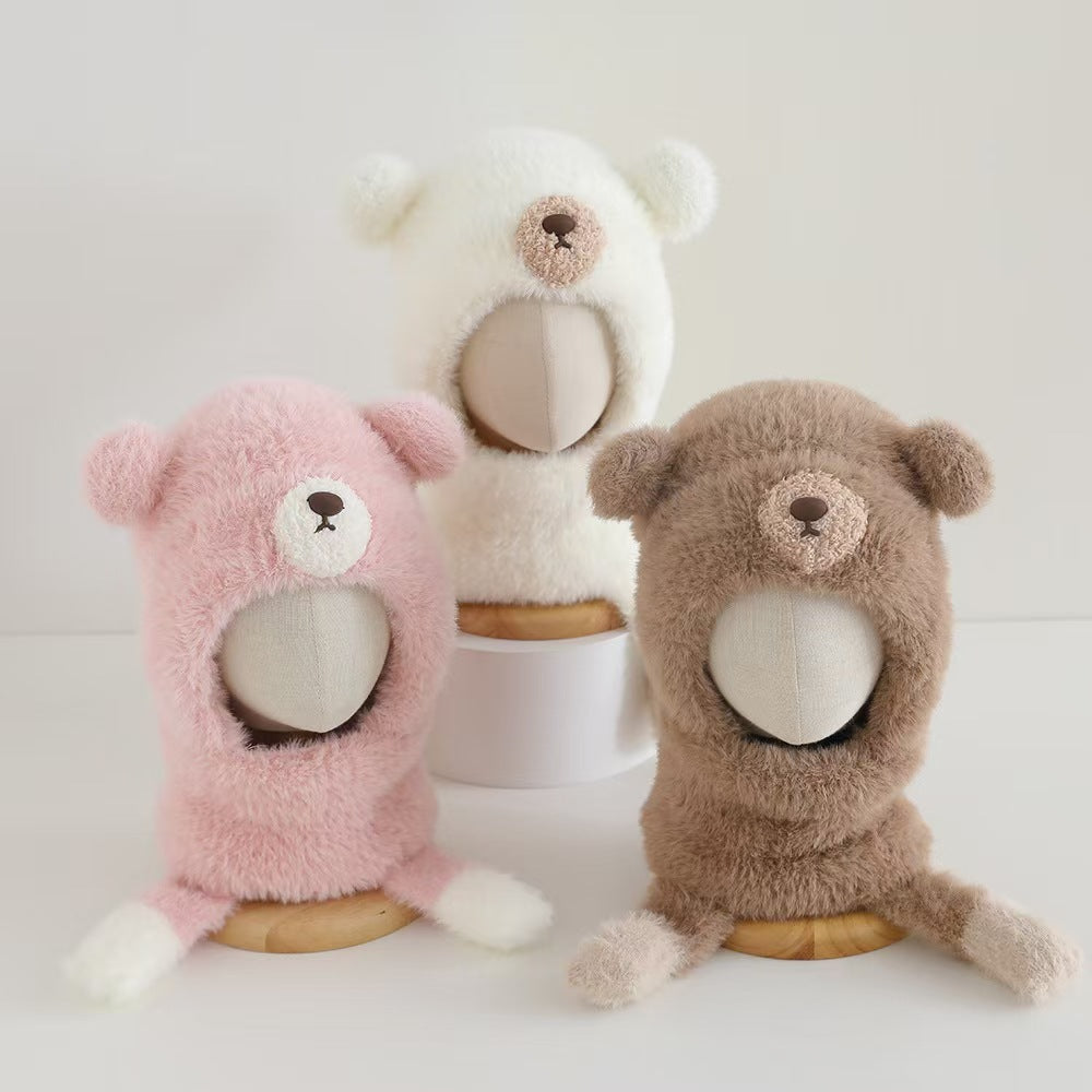 Kids Cartoon 3 in 1 Hat Scarf Gloves Set Winter Warm Fleece Stch Faux Fur Hoodie Full Hood Thick Thermal Scarves Gifts for Boys and Girls Kids (Beige)