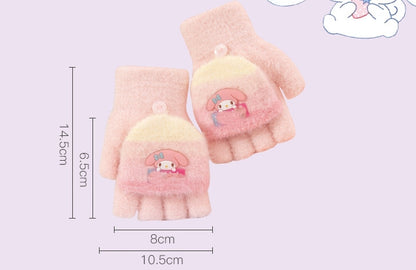 Fingerless Flap Cover Gloves Winter Knit Warm Mittens Soft Lined Fleece Thermal Outdoor Half Finger with Cover Convertible Flip Top for Kids boys girls (hello kitty)
