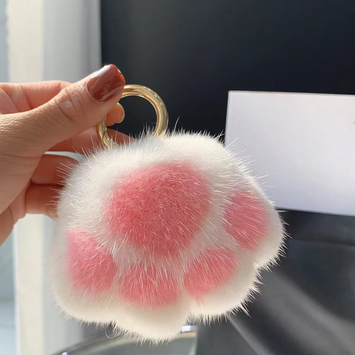 Cute Avocado cat paws panda Plush Keychain, Fluffy faux fur Decorative Key Ring Accessory for Women's Bags, Backpack and Purses (Pink)