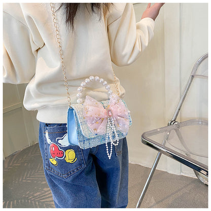 Shoulder Bag Girls Kids Children Handbags Portable Mini Coin Purse Messenger Crossbody Bag Princess Pearl Bow Mini Flip Bag Accessories Bags Gift Travel Holiday