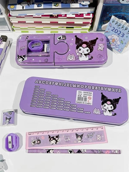 Cartoon Pencil Box with Sharpener & Eraser - Double Layer Metal Purple Pencil Box, Ideal for School & Birthday Gifts, Cartoon Pencil Childeren's Day Birthday Gift