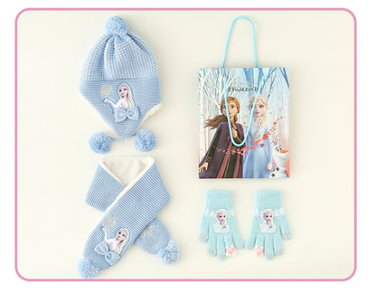 Kids Winter Beanie Hat Scarf for 2-10 Years Old Boys Girls.Outdoor Warm Fleece Lined Thermal Knit Fluffy Pom(Blue Elsa)