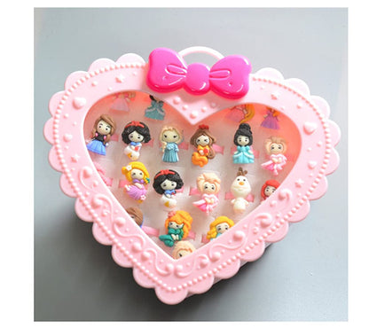 20Pcs Adjustable Princess Jewelry Girl Kids Cartoon Plastic Rings Gift Set with Heart Shape Box (20pcs)