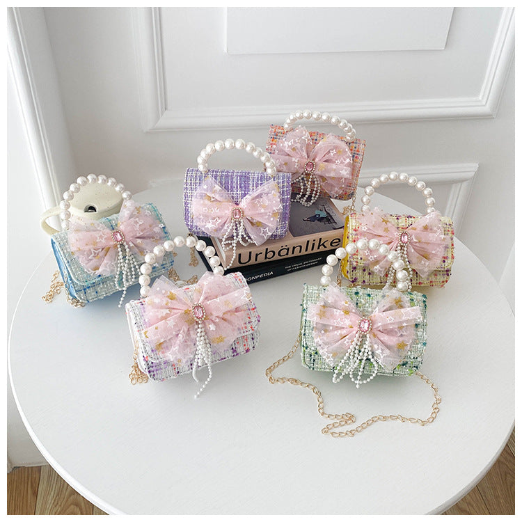 Shoulder Bag Girls Kids Children Handbags Portable Mini Coin Purse Messenger Crossbody Bag Princess Pearl Bow Mini Flip Bag Accessories Bags Gift Travel Holiday