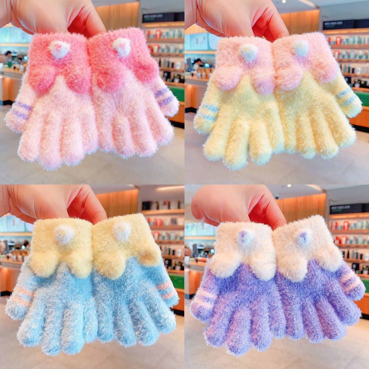 Full Finger Gloves Dinosaur Cat Capybara Winter Knit Warm Mittens Soft Lined Fleece Thermal Outdoor Stretchy Gloves for Kids boys girls (Bow)