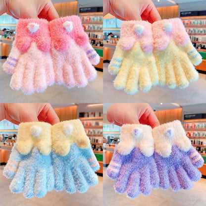 Full Finger Gloves Dinosaur Cat Capybara Winter Knit Warm Mittens Soft Lined Fleece Thermal Outdoor Stretchy Gloves for Kids boys girls (Bow)