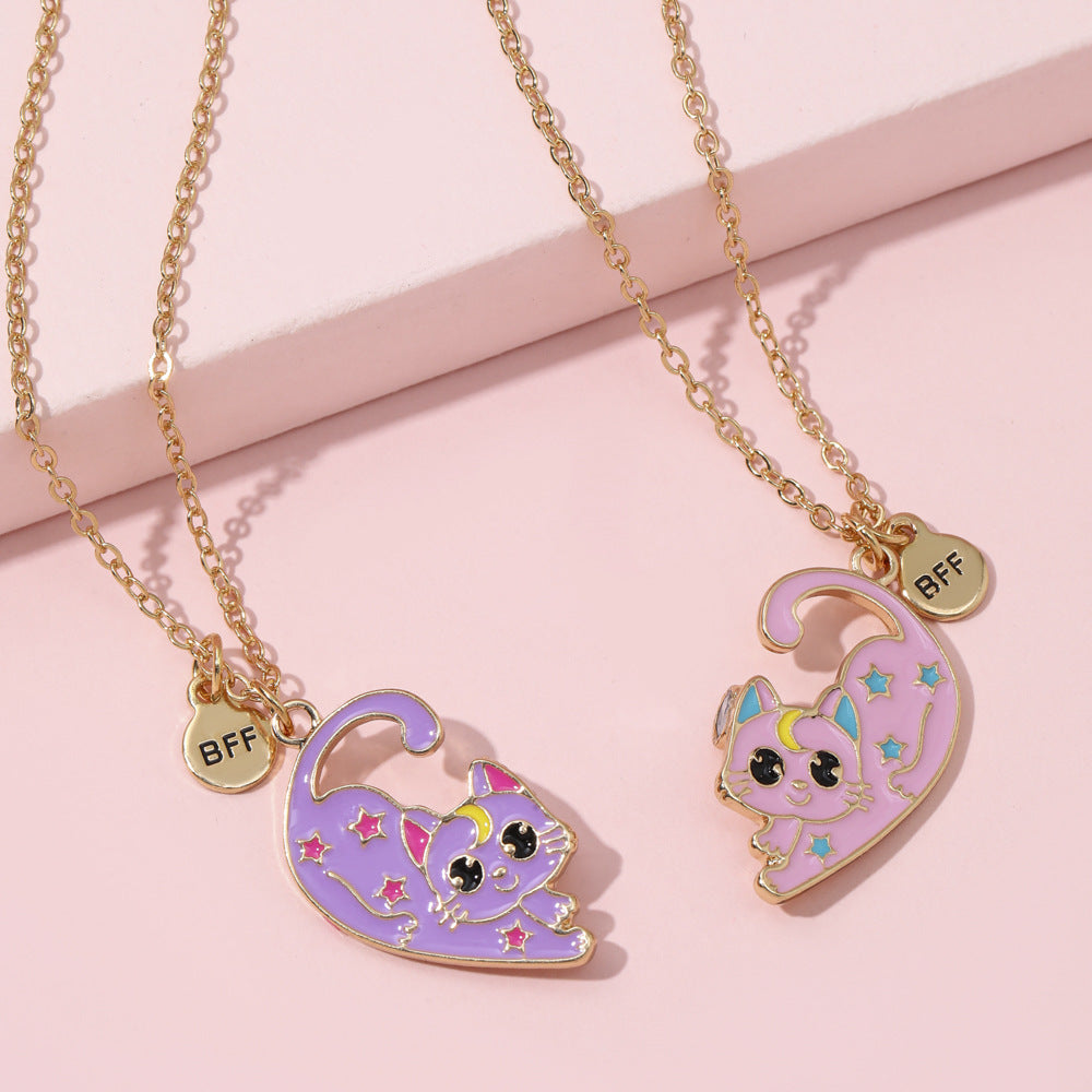 Best Friend Necklace Set, Matching BFF for 2 or 3 Friends, Ideal Friendship Jewelry Gift for Girls, Women, Sisters, Perfect for Birthdays and Special Occasions (Cat 2Friends)