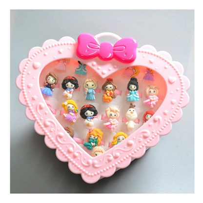 20Pcs Adjustable Princess Jewelry Girl Kids Cartoon Plastic Rings Gift Set with Heart Shape Box (20pcs)