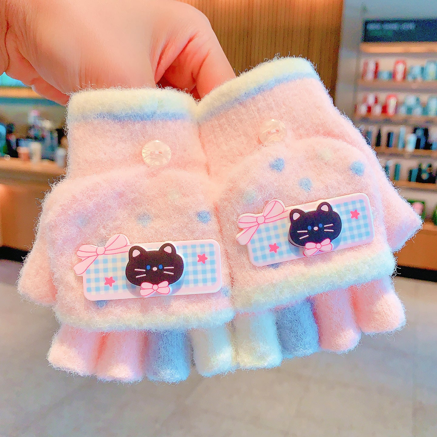 Fingerless Flap Cover Gloves Winter Knit Warm Mittens Soft Lined Fleece Thermal Outdoor Half Finger with Cover Convertible Flip Top for Kids boys girls (Pink Cat))
