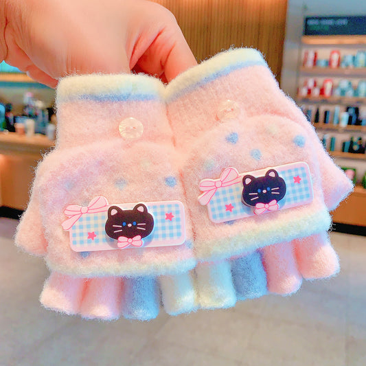 Fingerless Flap Cover Gloves Winter Knit Warm Mittens Soft Lined Fleece Thermal Outdoor Half Finger with Cover Convertible Flip Top for Kids boys girls (Pink Cat))