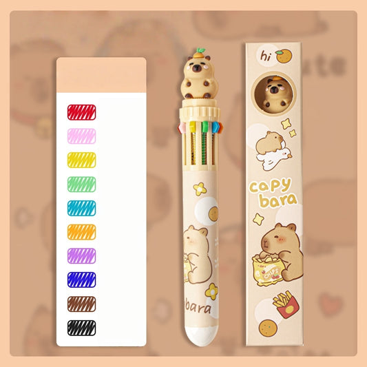 Multicolor teddy bear Pens 0.5mm 10-in-1 Retractable Ballpoint Pens 10 Colors Transparent Barrel Ballpoint Pen for Office Supplies and kids school(Capybara 2)