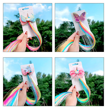 4PCS Kids Girls Toddlers Rainbow Colour Girls Ponytail Hair Extension Kids Party Unicorn Elsa Hair clips Braided Wigs Dress up