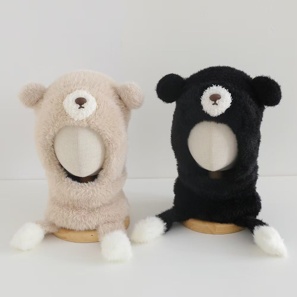 Kids Cartoon 3 in 1 Hat Scarf Gloves Set Winter Warm Fleece Stch Faux Fur Hoodie Full Hood Thick Thermal Scarves Gifts for Boys and Girls Kids (Pink)