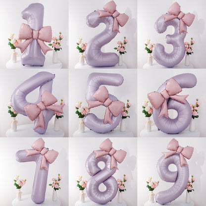 40'' Purple Number with Bow Balloon, Self Inflating Foil Light Pink Set 0-9, Pastel Pink Helium Balloon for Girls Birthday Party Decorations Anniversary Supplies (Purple, Number 9)