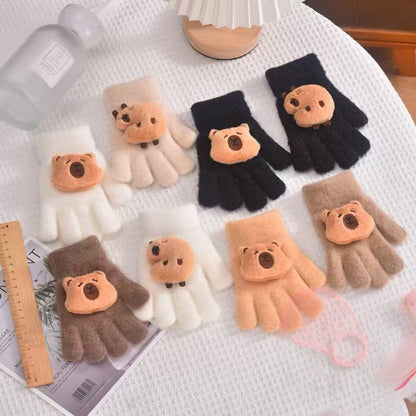 Full Finger Gloves Winter Knit Warm Mittens Soft Lined Fleece Thermal Outdoor Stretchy Gloves for Kids boys girls (3D Capybara)