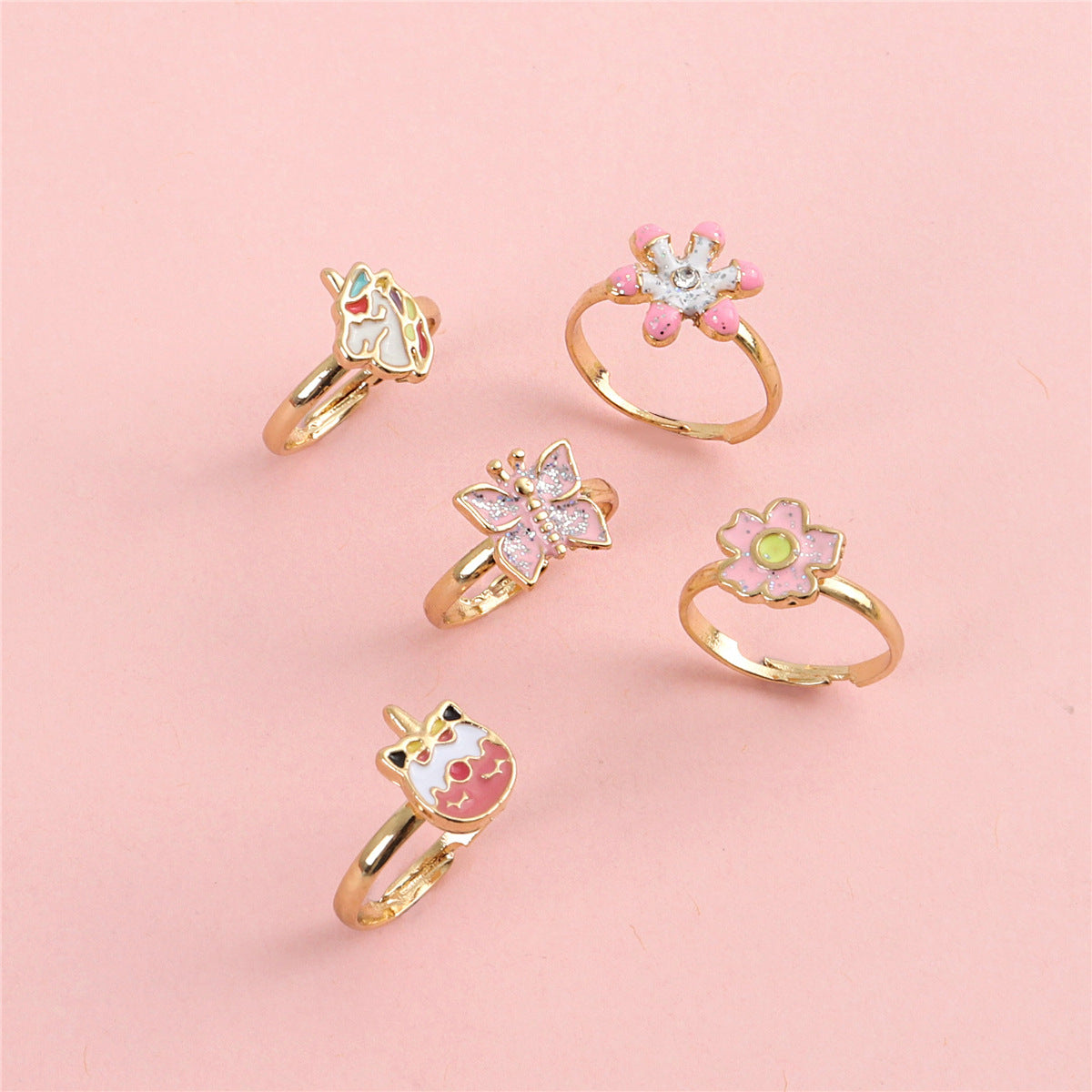 5pcs Adjustable Girls Rings Set Toys, Unicorn Finger Rings Princess Mermaid Rainbow Dress up for Children Kids Little Girls