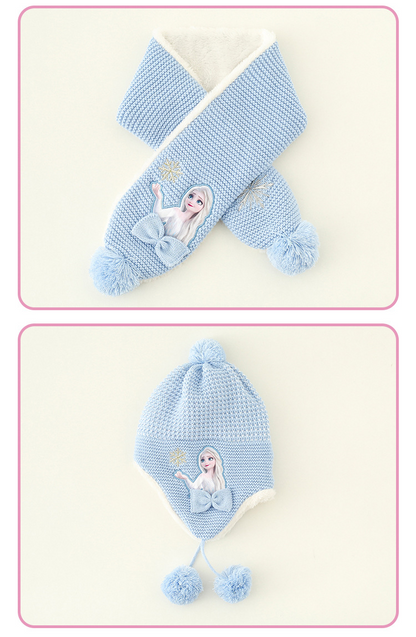 Kids Winter Beanie Hat Scarf for 2-10 Years Old Boys Girls.Outdoor Warm Fleece Lined Thermal Knit Fluffy Pom(Blue Elsa)