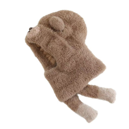 Kids Cartoon 3 in 1 Hat Scarf Gloves Set Winter Warm Fleece Stch Faux Fur Hoodie Full Hood Thick Thermal Scarves Gifts for Boys and Girls Kids (Beige)