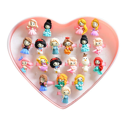 20Pcs Adjustable Princess Jewelry Girl Kids Cartoon Plastic Rings Gift Set with Heart Shape Box (20pcs)