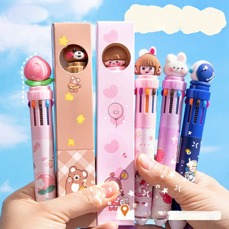 Multicolor teddy bear Pens 0.5mm 10-in-1 Retractable Ballpoint Pens 10 Colors Transparent Barrel Ballpoint Pen for Office Supplies and kids school (Rabbit)